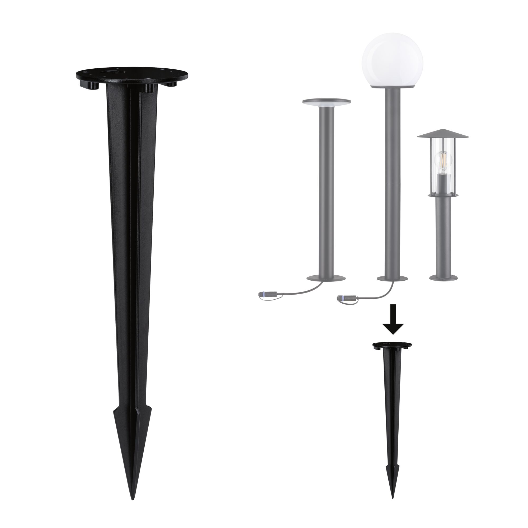 Black plastic ground spike for mounting outdoor garden lights securely in soil