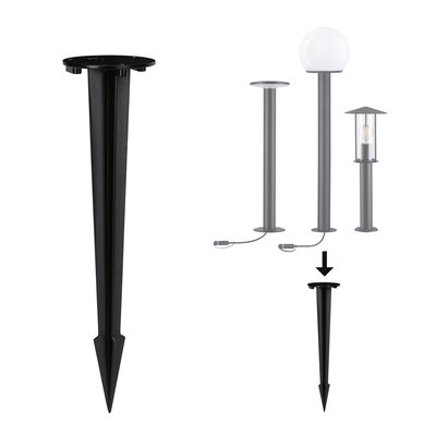Black plastic ground spike for mounting outdoor garden lights securely in soil