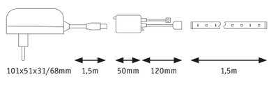 Teknisk tegning af strømforsyning med kabel og LED-strip, mål og kabellængder vist