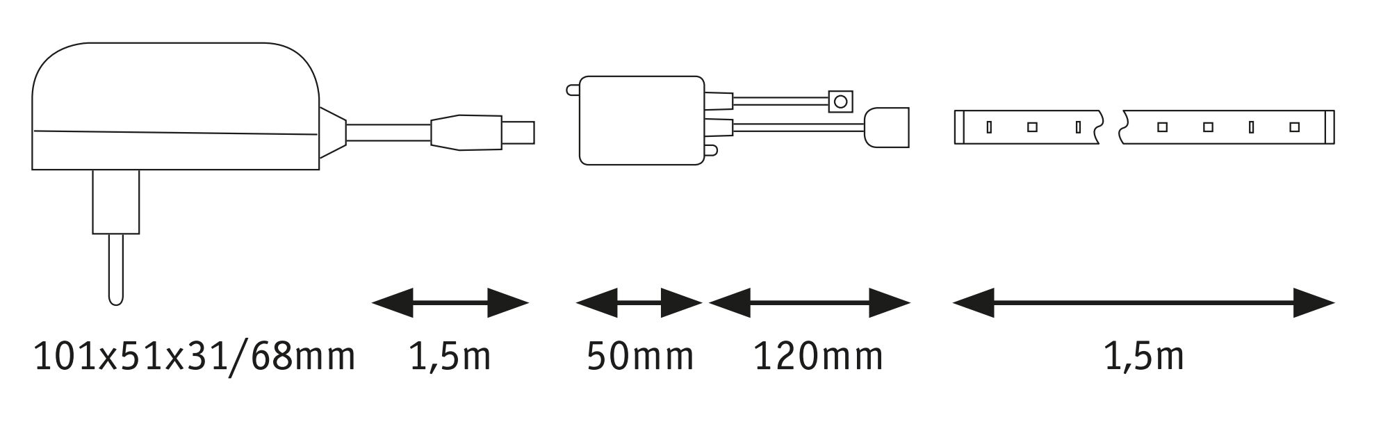 Technische Zeichnung eines Steckernetzteils mit Kabel und LED-Lichtleiste, Maße und Kabellängen angegeben
