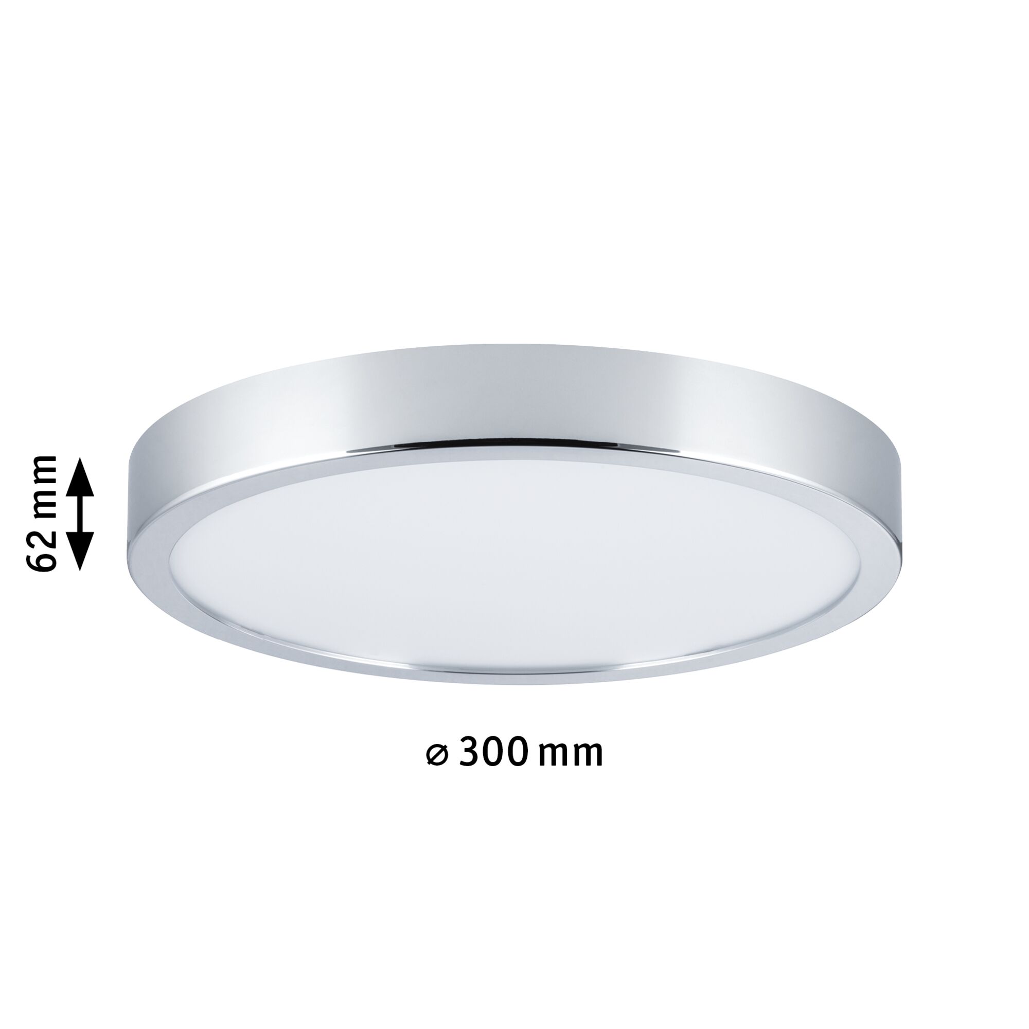 Runde LED-Deckenleuchte mit Chromrand und weißem Diffusor, 300 mm Durchmesser, 62 mm Höhe