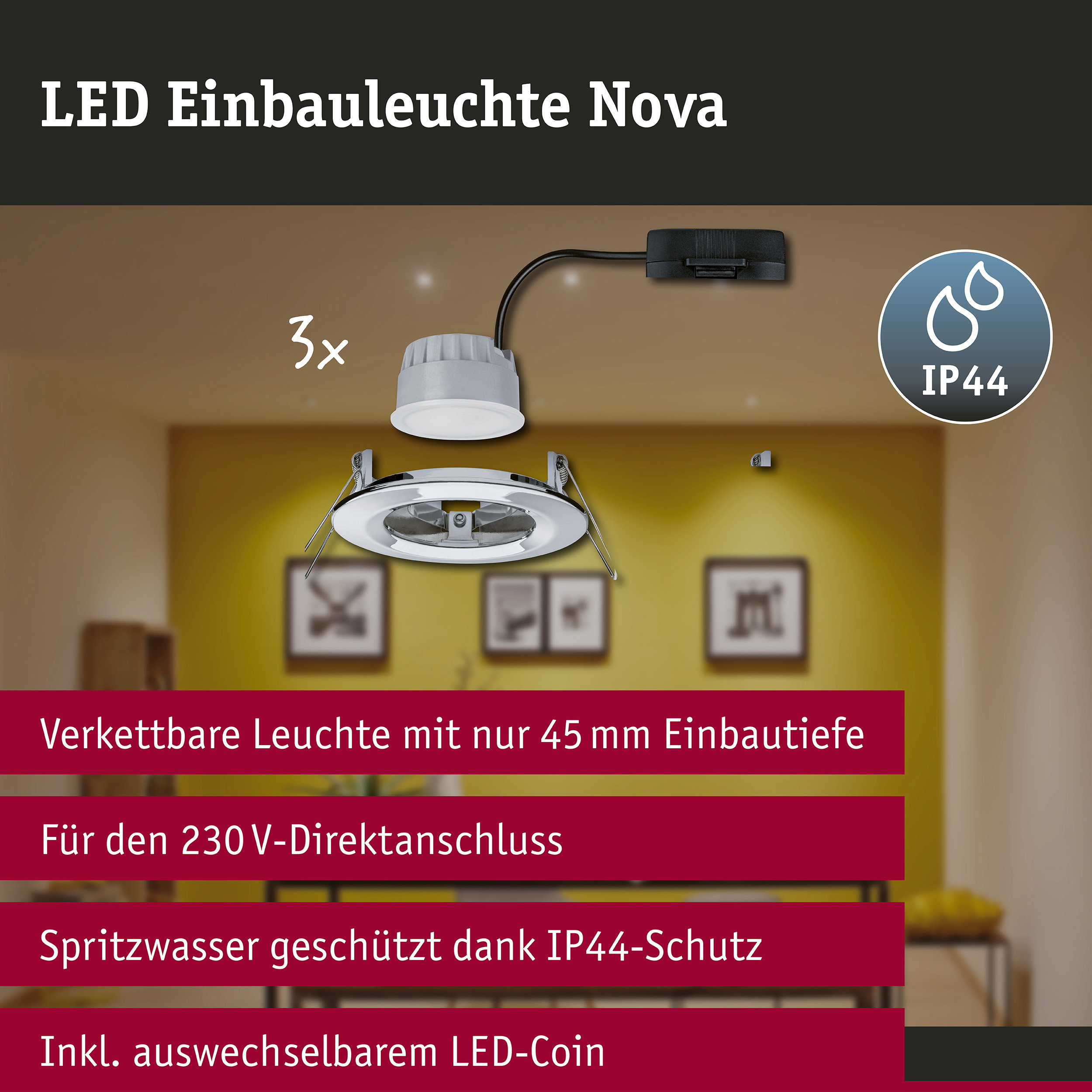 LED Einbauleuchte 3-Step-Dim Nova Coin Basisset starr IP44 rund 78mm Coin 3x6W 3x470lm 230V dimmbar 2700K Chrom
