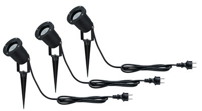 Three black LED garden spotlights with ground spikes and cables for outdoor lighting and garden decor.