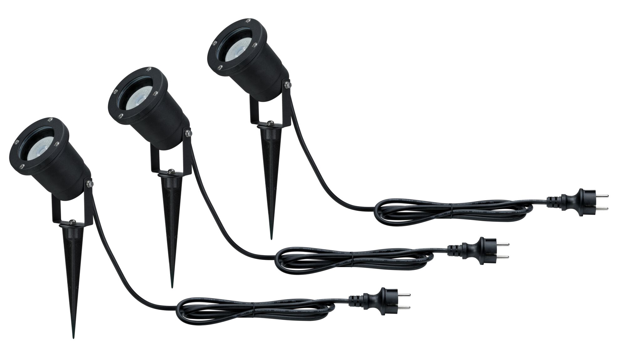 Drei schwarze LED-Gartenstrahler mit Erdspieß und Kabel für Außenbeleuchtung und Gartendekor.