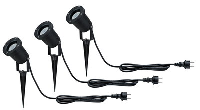 Three black LED garden spotlights with ground spikes and cables for outdoor lighting and garden decor.