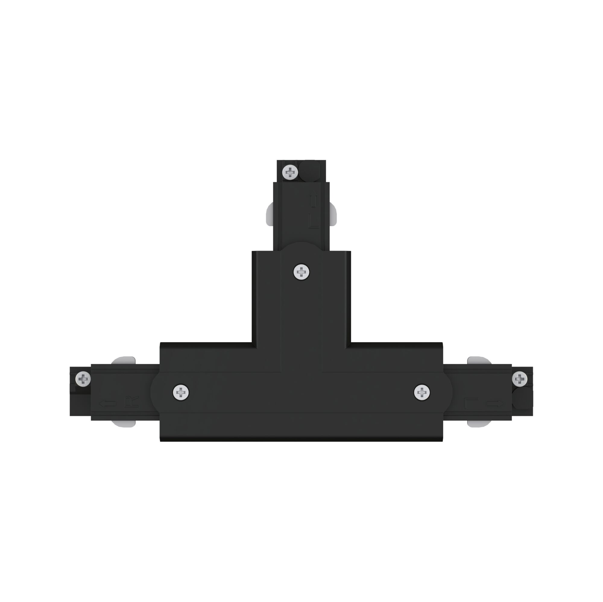 Schwarzes T-förmiges Verbindungselement aus Kunststoff für Schienensysteme mit Schrauben.