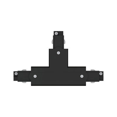 Schwarzes T-förmiges Verbindungselement aus Kunststoff für Schienensysteme mit Schrauben.