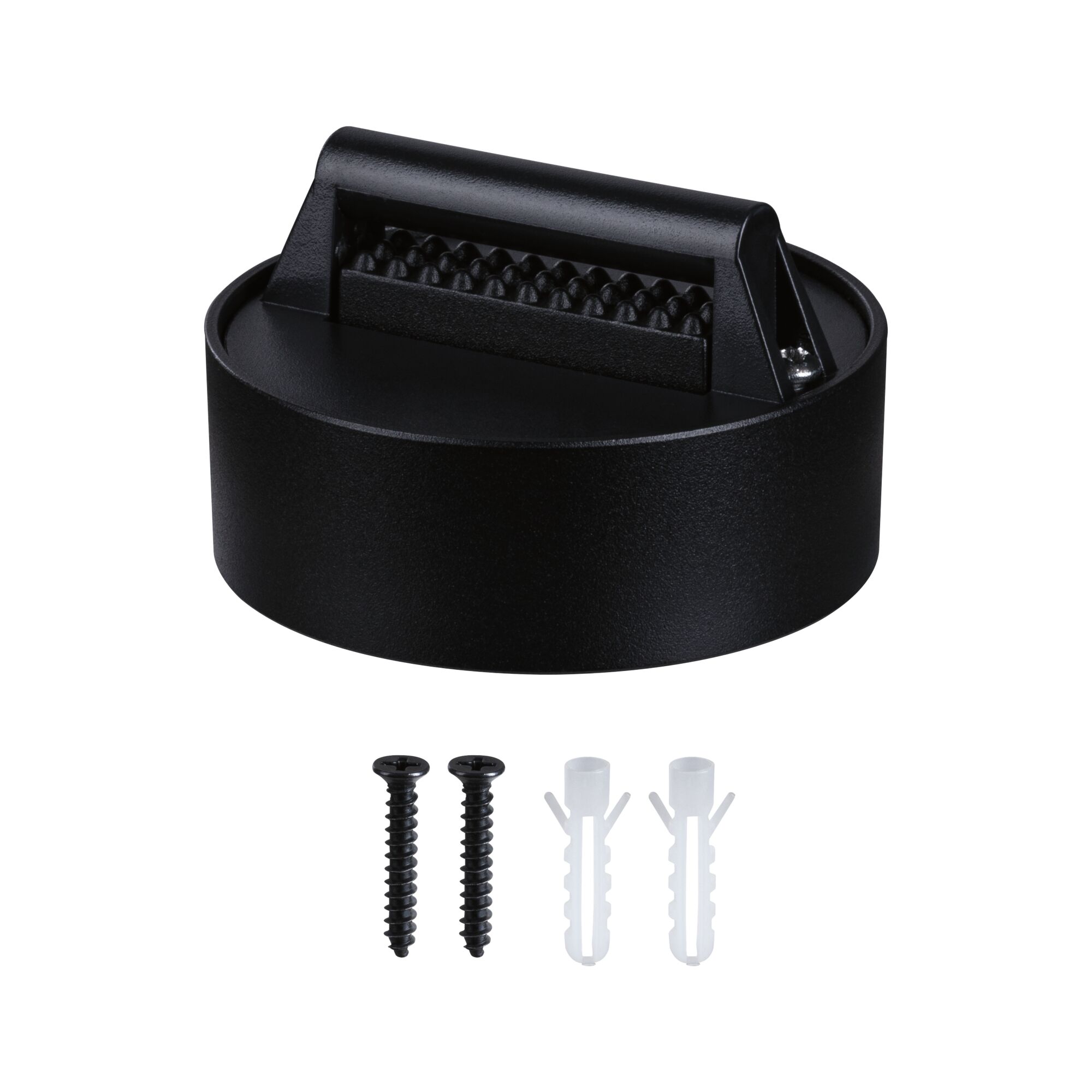Sort rund vægmontering i plastik med skruer og rawlplugs til LED-lys installation