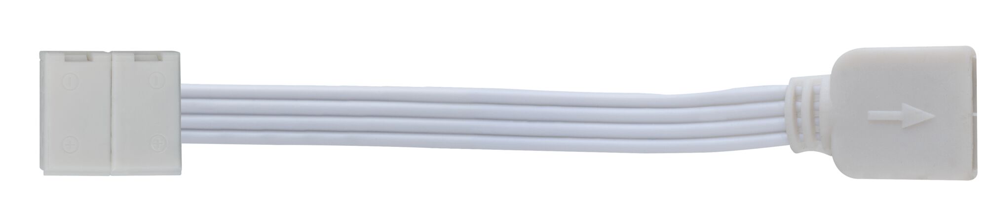 Hvid LED-forbindelseskabel med flad stik og pilmarkering til belysningssystemer