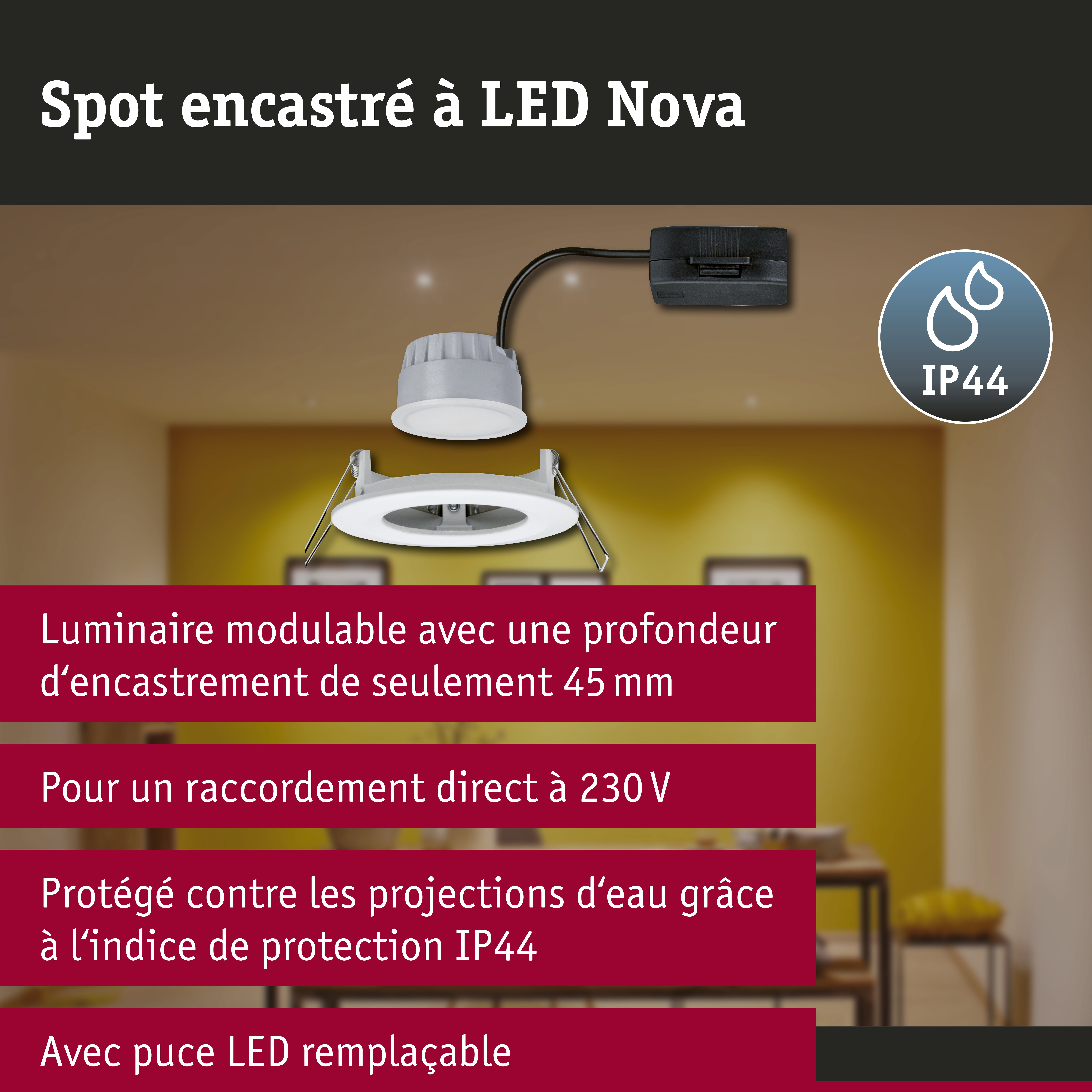 Spot encastré LED 3-Step-Dim Nova Coin fixe IP44 rond 78mm Coin 6W 470lm 230V gradable 2700K Blanc dépoli