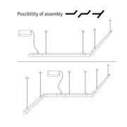Technische tekening van montageopties voor modulaire LED-rails met aansluitdoos en kabels