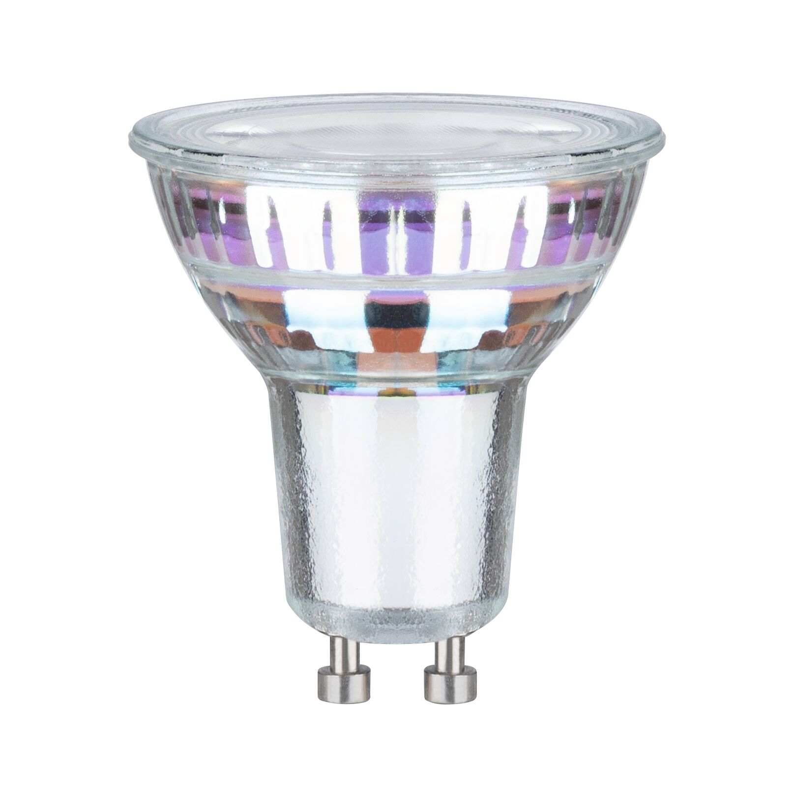 Clear GU10 halogen bulb made of glass with two metal pins, ideal for spot lighting and LED replacement.