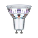 Clear GU10 halogen bulb made of glass with two metal pins, ideal for spot lighting and LED replacement.