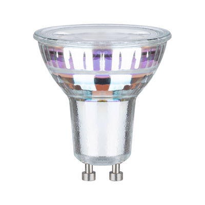 Clear GU10 halogen bulb made of glass with two metal pins, ideal for spot lighting and LED replacement.