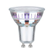 Clear GU10 halogen bulb made of glass with two metal pins, ideal for spot lighting and LED replacement.