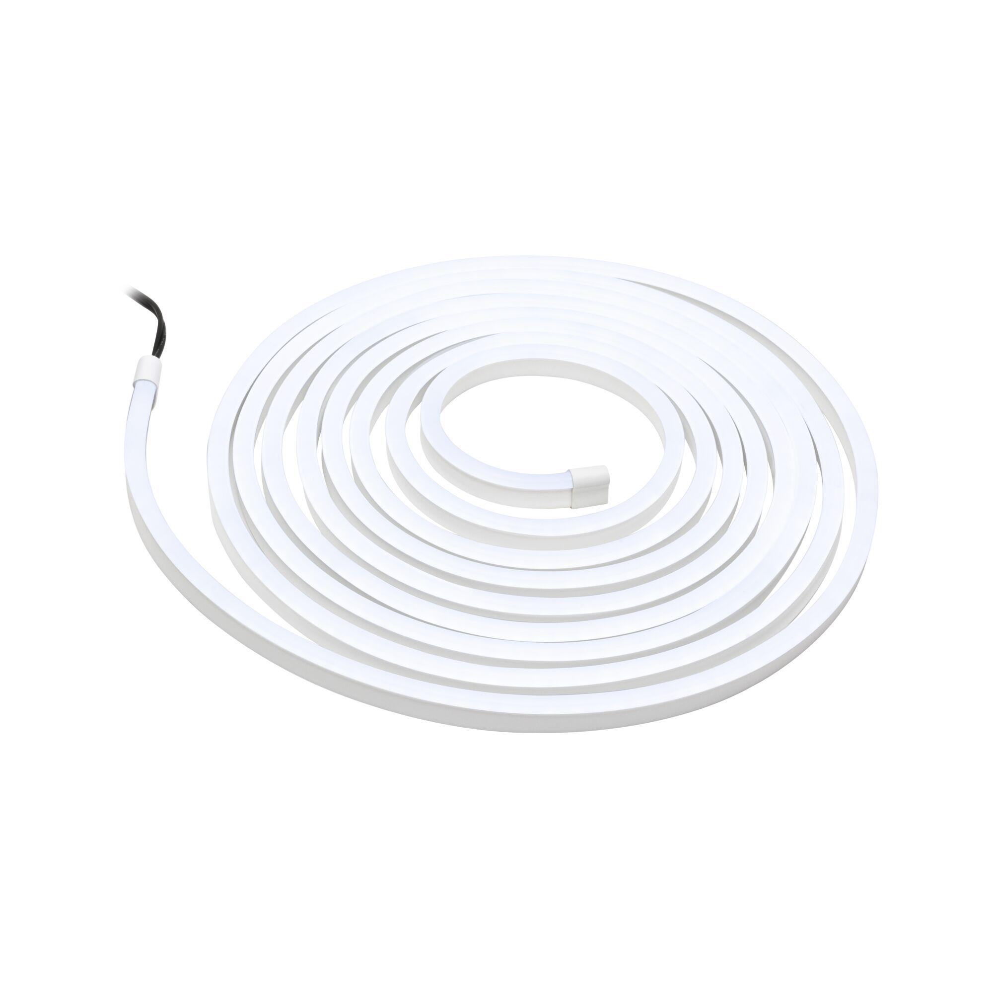 White flexible LED light strip made of plastic, coiled in a spiral for modern lighting solutions