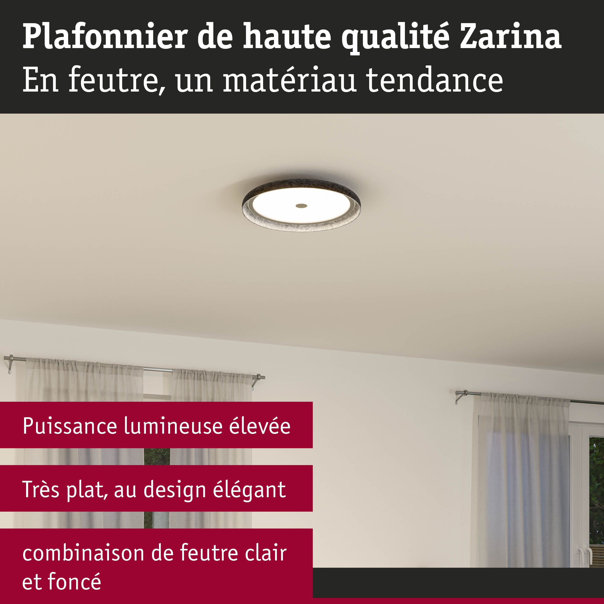 Plafonnier rond Zarina en feutre clair et foncé avec un design élégant et très plat