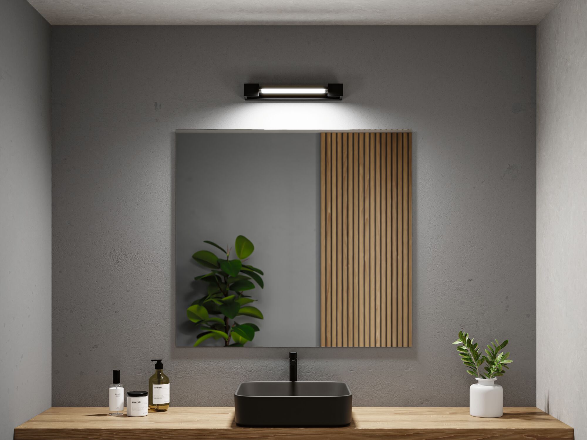 Modern bathroom with black sink, wooden countertop and LED mirror light on grey wall for interior lighting
