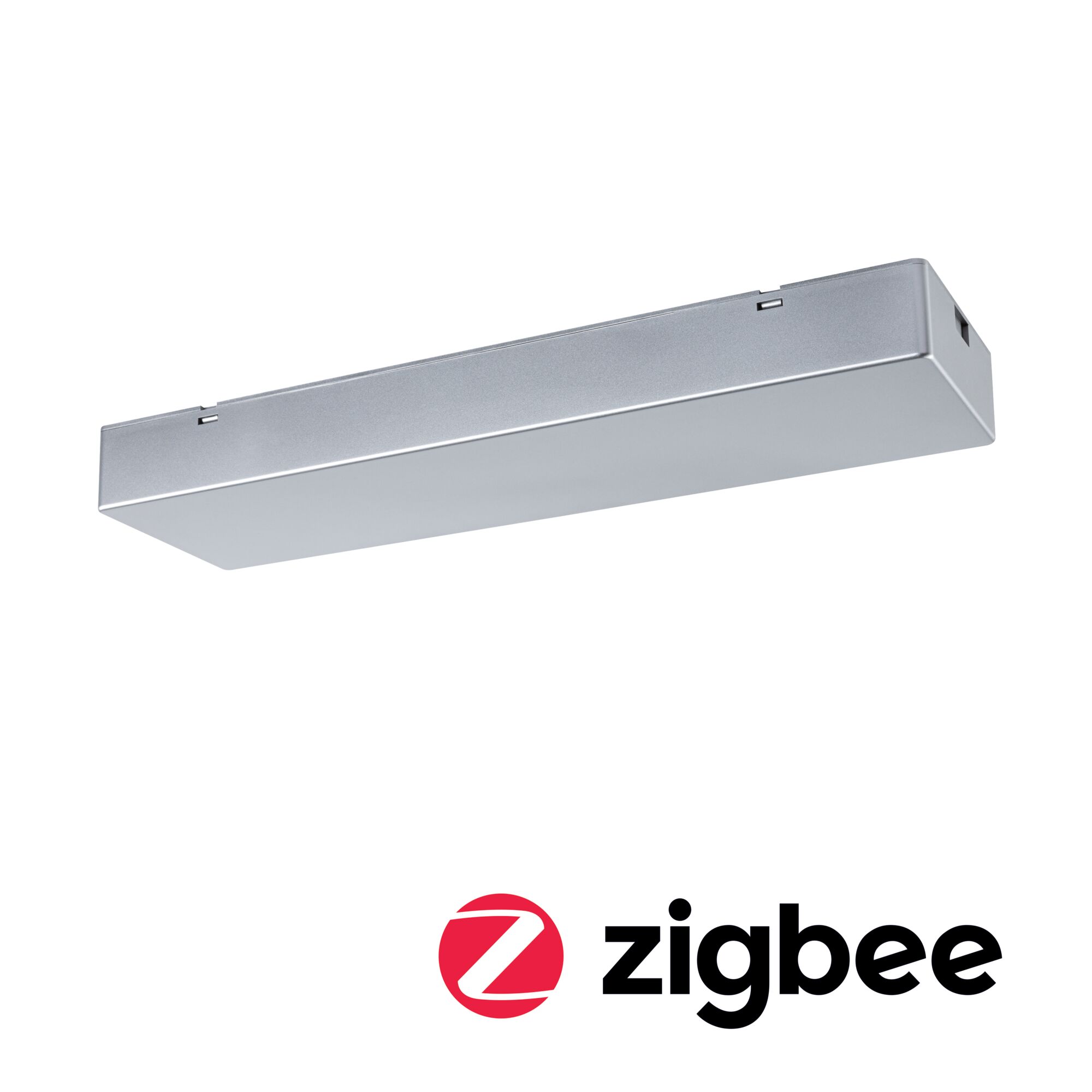 Linion Voeding Power Box Zigbee 230/24V max. 144W Chroom mat Rechthoekige zilveren aluminium behuizing met Zigbee-logo voor slimme verlichtingssystemen