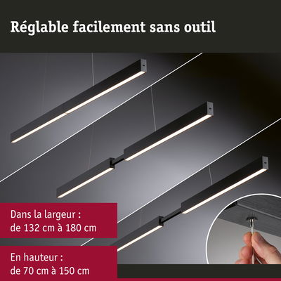 Suspension LED noire en aluminium réglable de 132 à 180 cm de largeur et 70 à 150 cm de hauteur