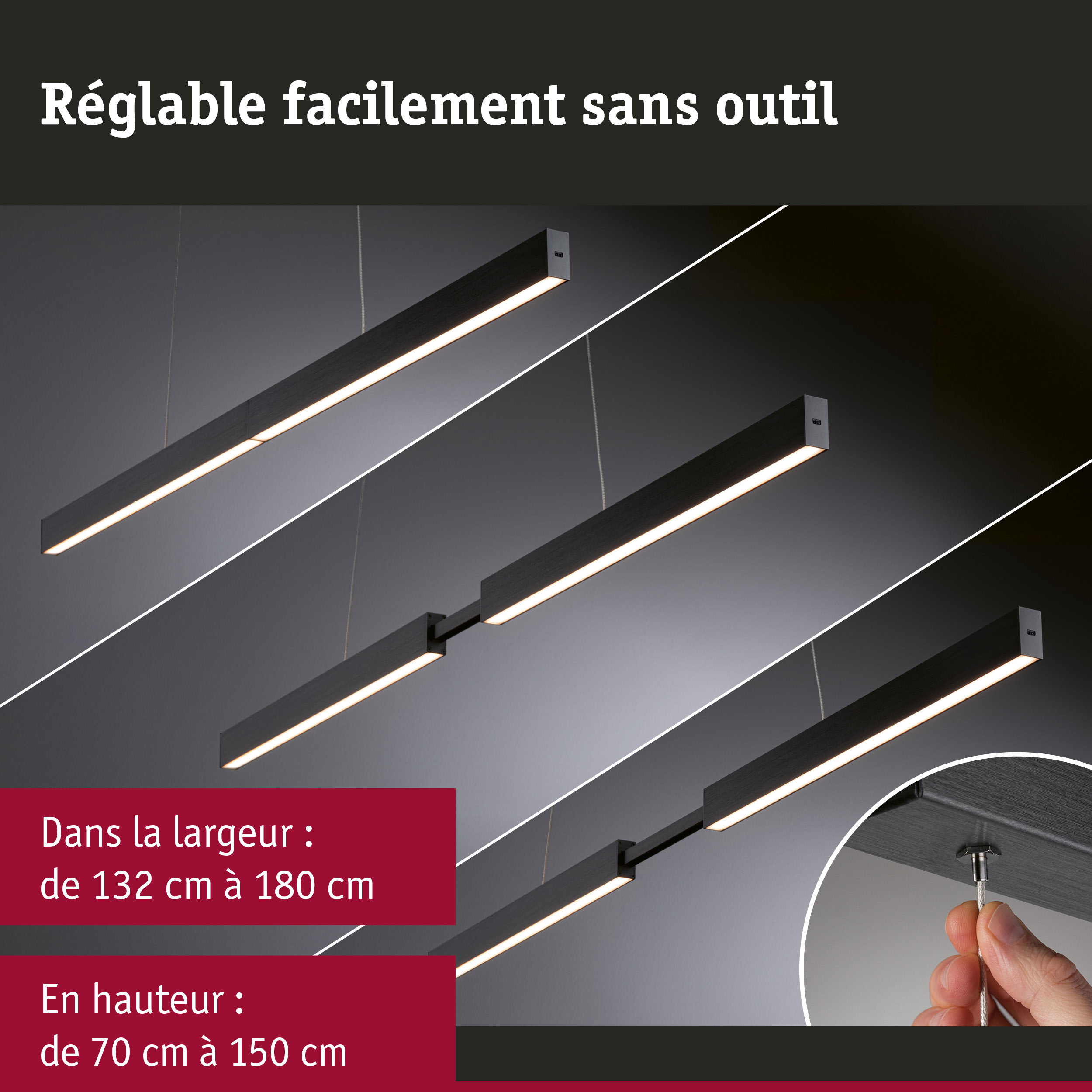 Suspension LED en bois noir réglable avec lumière blanc chaud et commande par cordon