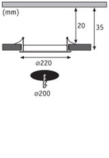 Technische Zeichnung eines Einbaustrahler mit 220 mm Durchmesser und 35 mm Einbautiefe