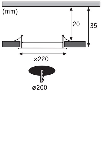 Technische Zeichnung eines Einbaustrahler mit 220 mm Durchmesser und 35 mm Einbautiefe