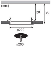 Technical drawing of recessed spotlight with 220 mm diameter and 35 mm installation depth