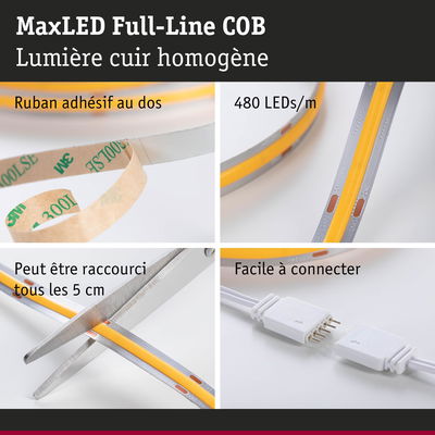Bande LED MaxLED Full-Line COB 480 LEDs/m, ruban adhésif, coupable tous les 5 cm, facile à connecter