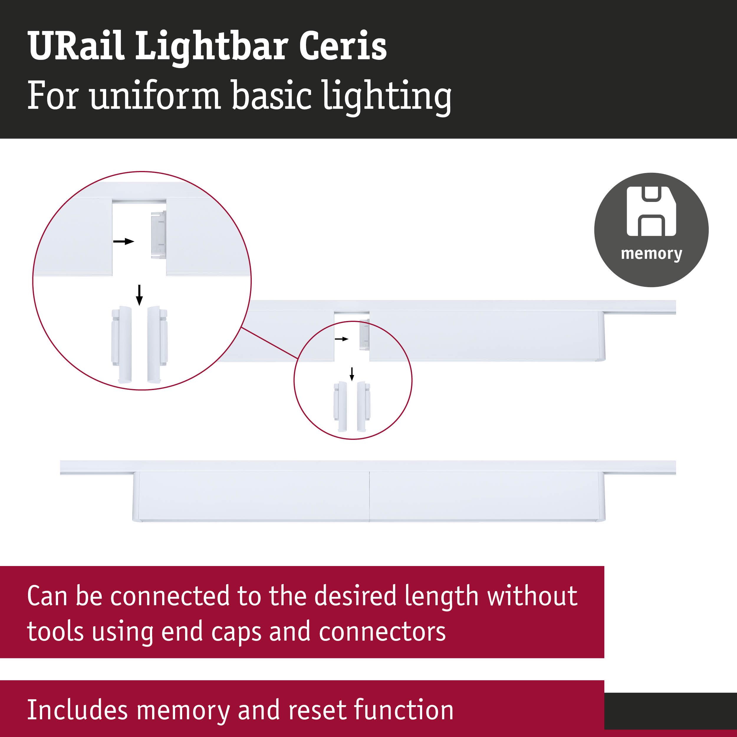 White URail Lightbar Ceris plastic rail light for uniform basic lighting with connectors and memory function