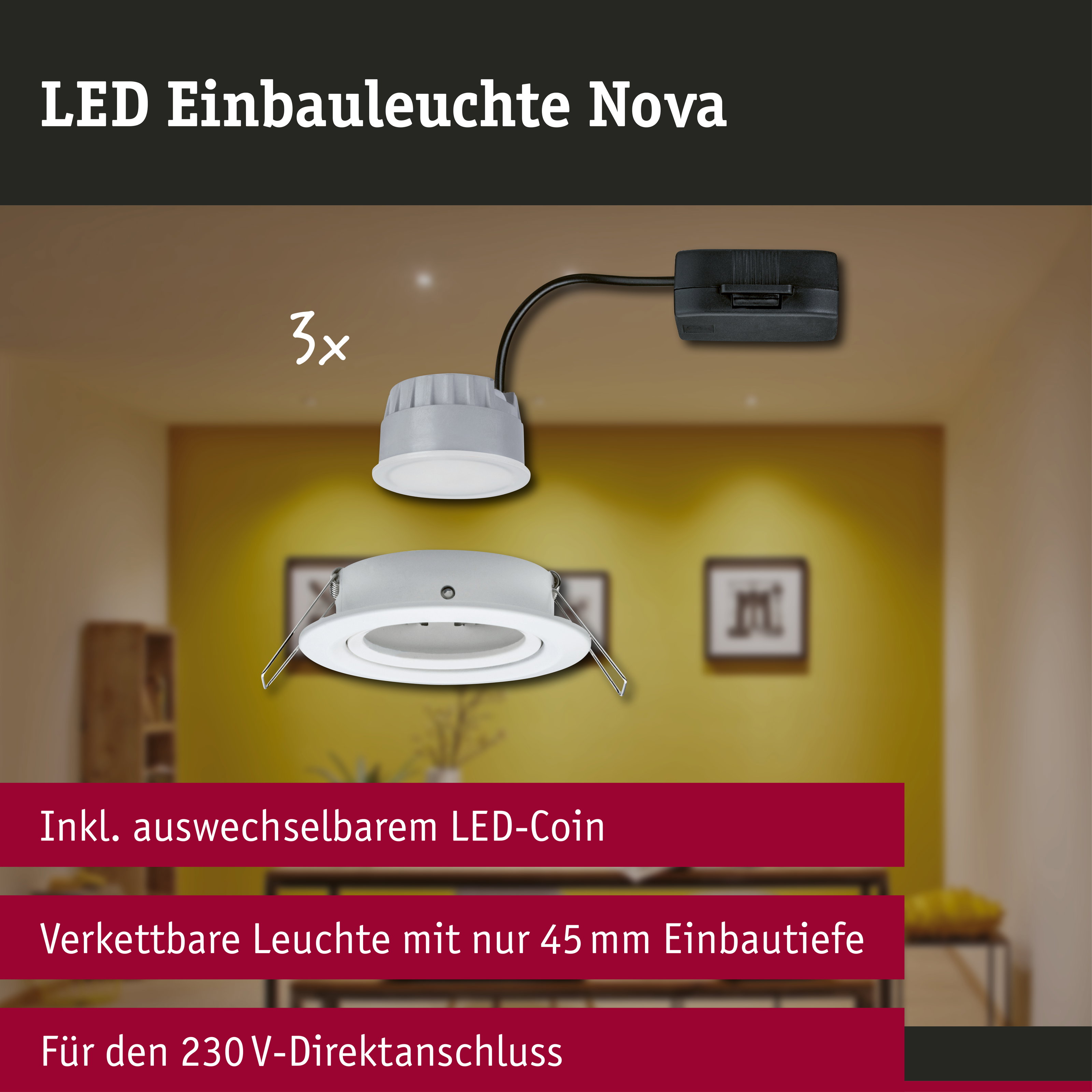 LED Einbauleuchte 3-Step-Dim Nova Coin 3-Step-Dim Basisset schwenkbar rund 84mm 50° Coin 3x6W 3x470lm 230V dimmbar 2700K Weiß matt