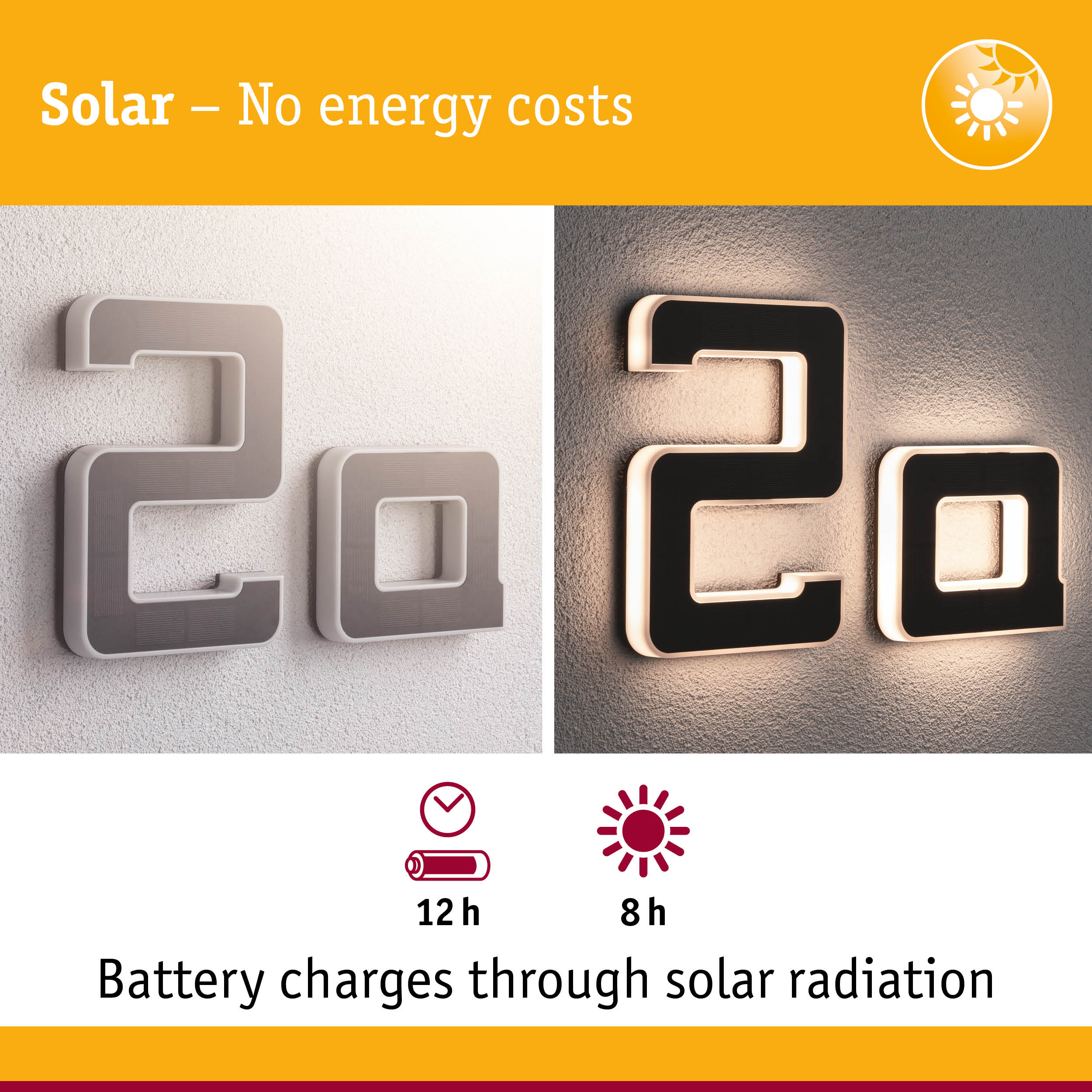 Solar-powered house number with LED lighting in grey and black for energy-efficient outdoor lighting