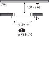 Technical drawing showing dimensions for round recessed spotlight Ø160 mm, installation depth 9 mm, cutout Ø68 mm