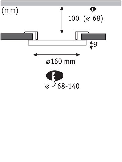 Technical drawing showing dimensions for round recessed spotlight Ø160 mm, installation depth 9 mm, cutout Ø68 mm