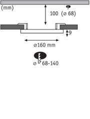 Technical drawing showing dimensions of round recessed spotlight Ø160 mm, 9 mm depth, cutout Ø68 mm