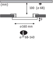 Technical drawing showing dimensions of round recessed spotlight Ø160 mm, 9 mm depth, cutout Ø68 mm
