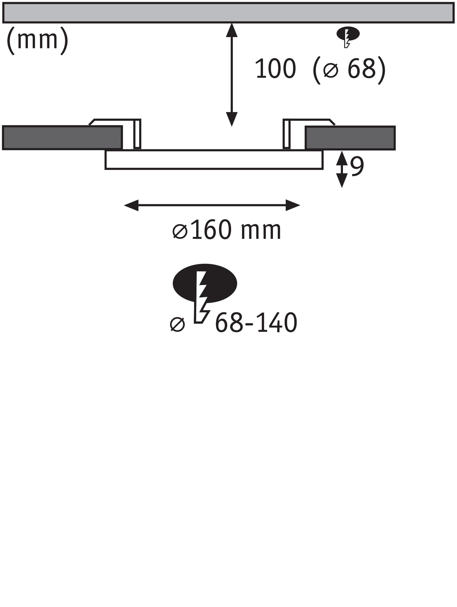 Technical drawing showing dimensions of round recessed spotlight Ø160 mm, 9 mm depth, cutout Ø68 mm