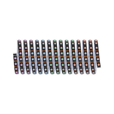 Bande LED RGB colorée flexible sur support noir pour éclairage personnalisé et décoration.