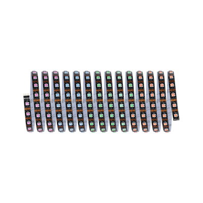 Kleurrijke RGB LED-strip met flexibel zwart bandje voor aanpasbare verlichting en decoratie.