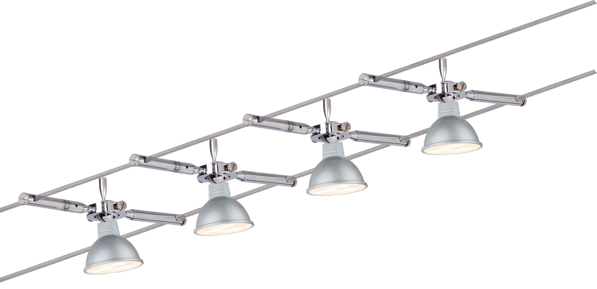 Three-light LED cable system lamp in chrome with adjustable spotlights for modern room lighting