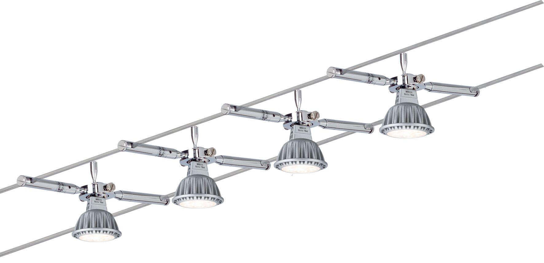 Dreiflammige LED-Seilsystemleuchte in Chrom mit verstellbaren Spots für moderne Raumbeleuchtung