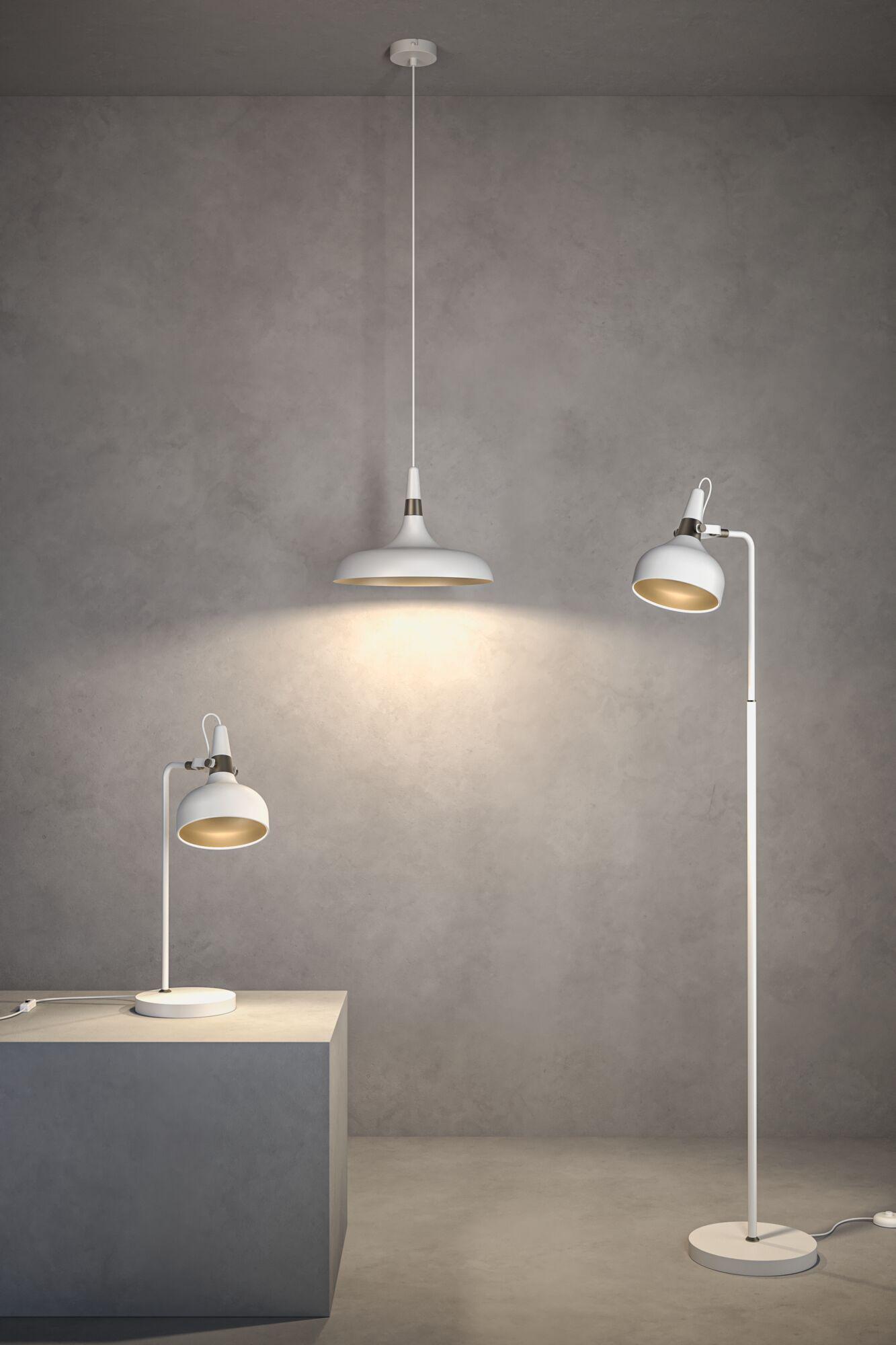 White metal pendant, floor, and table lamps against grey wall for modern interior lighting