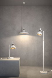 White metal pendant, floor, and table lamps against grey wall for modern interior lighting