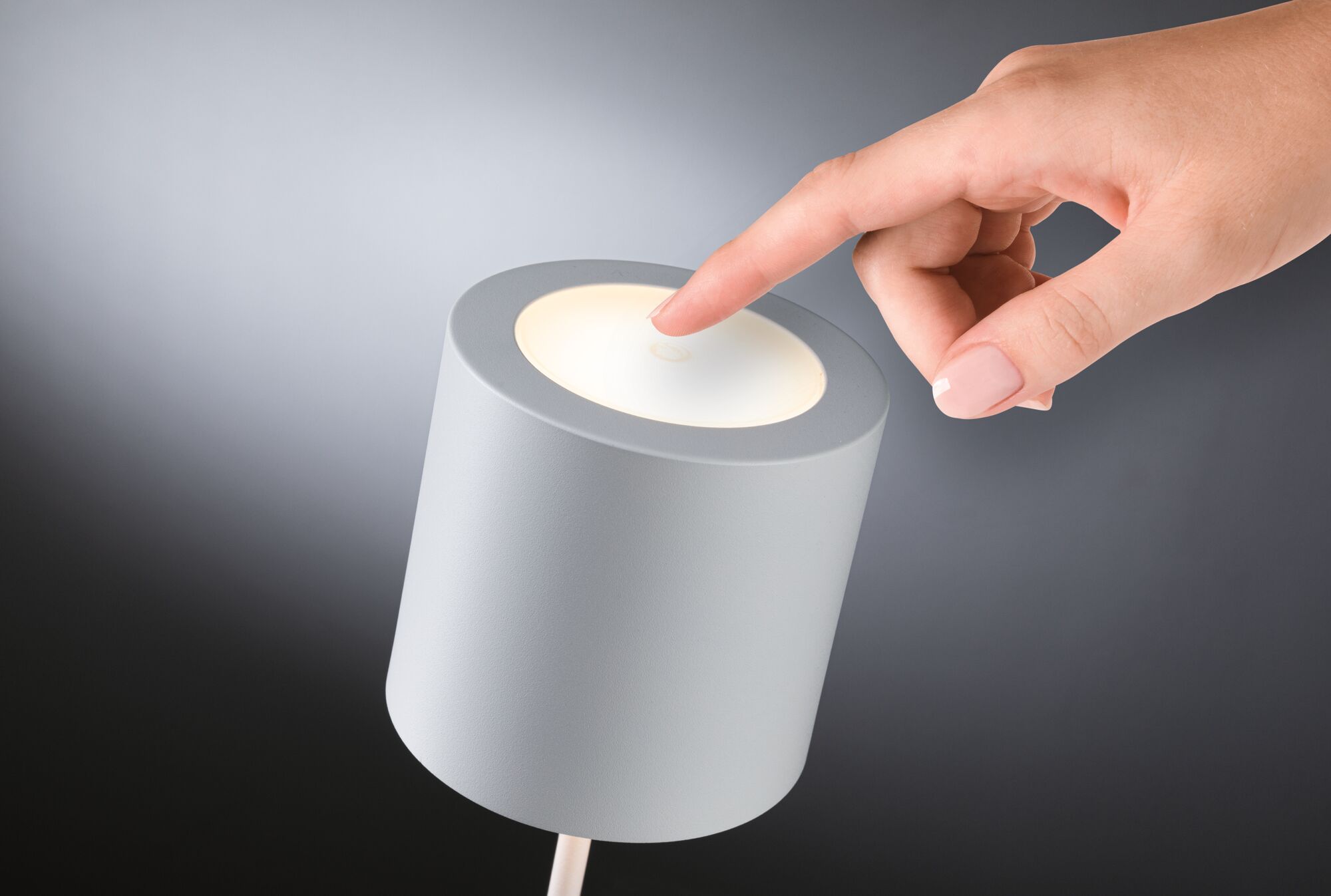 Grey metal LED table spotlight with touch switch for modern home lighting solutions