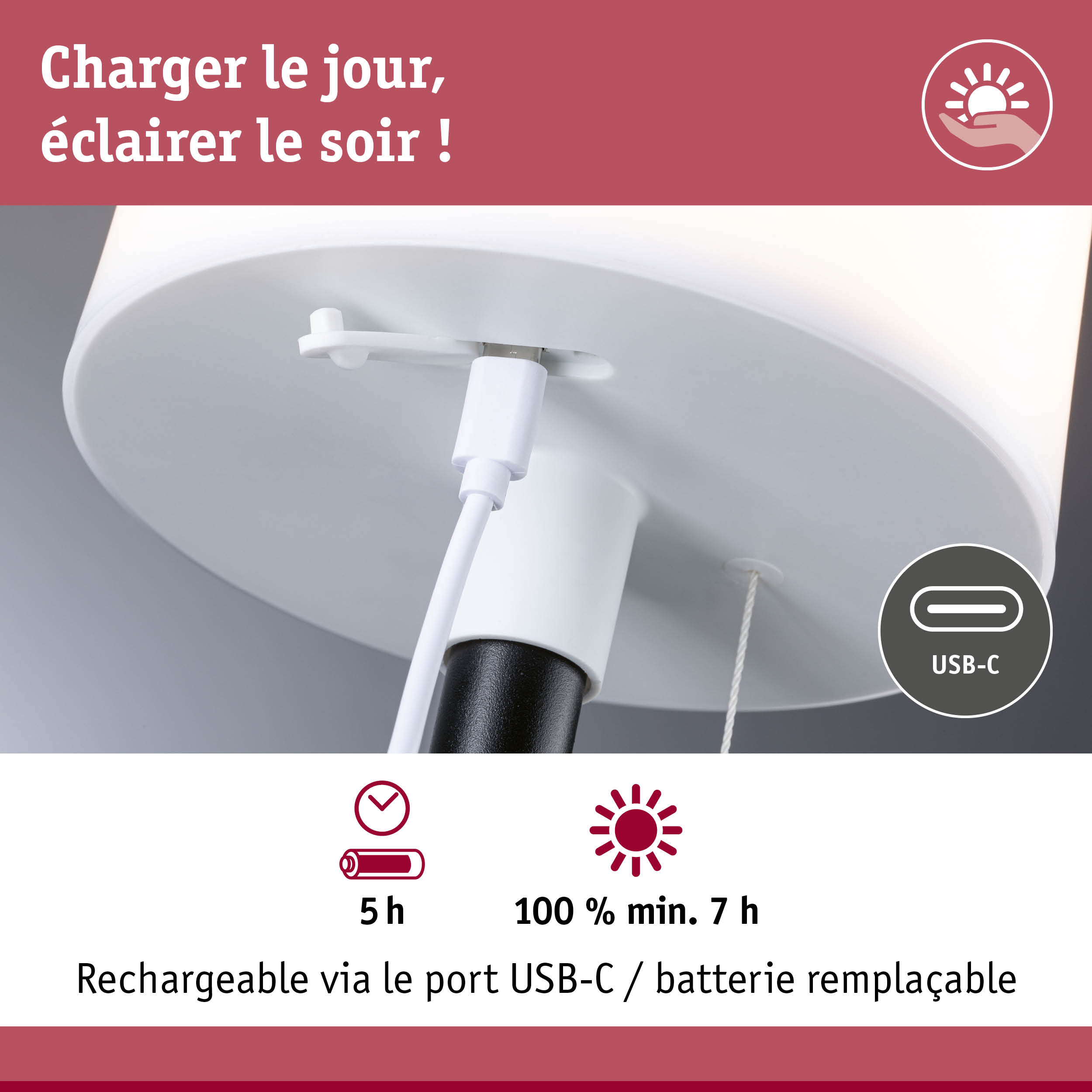 Gros plan sur un port de charge USB-C blanc sur une lampe rechargeable moderne avec batterie remplaçable