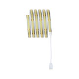 Flexible LED strip light with yellow illumination and white connector cable for modern room lighting