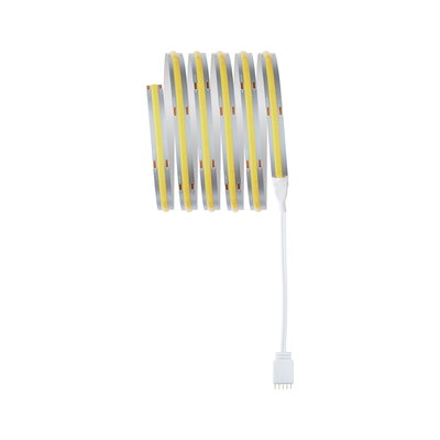 Flexible LED strip light with yellow illumination and white connector cable for modern room lighting