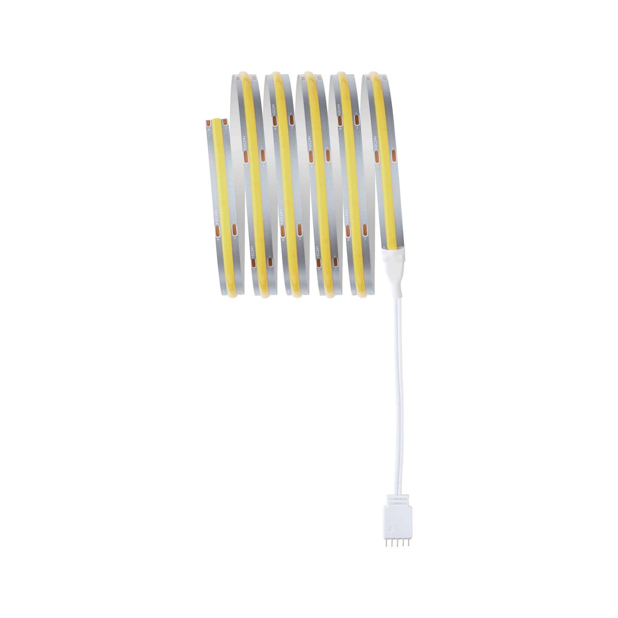 Flexible LED strip light with yellow illumination and white connector cable for modern room lighting