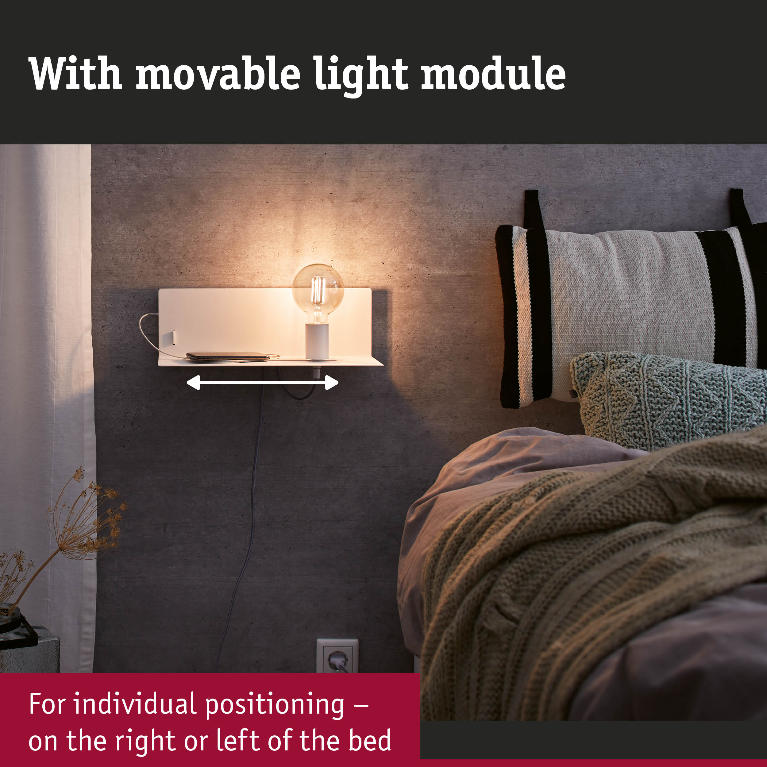 White wall shelf with movable light module and bulb beside bed with grey knitted cushion