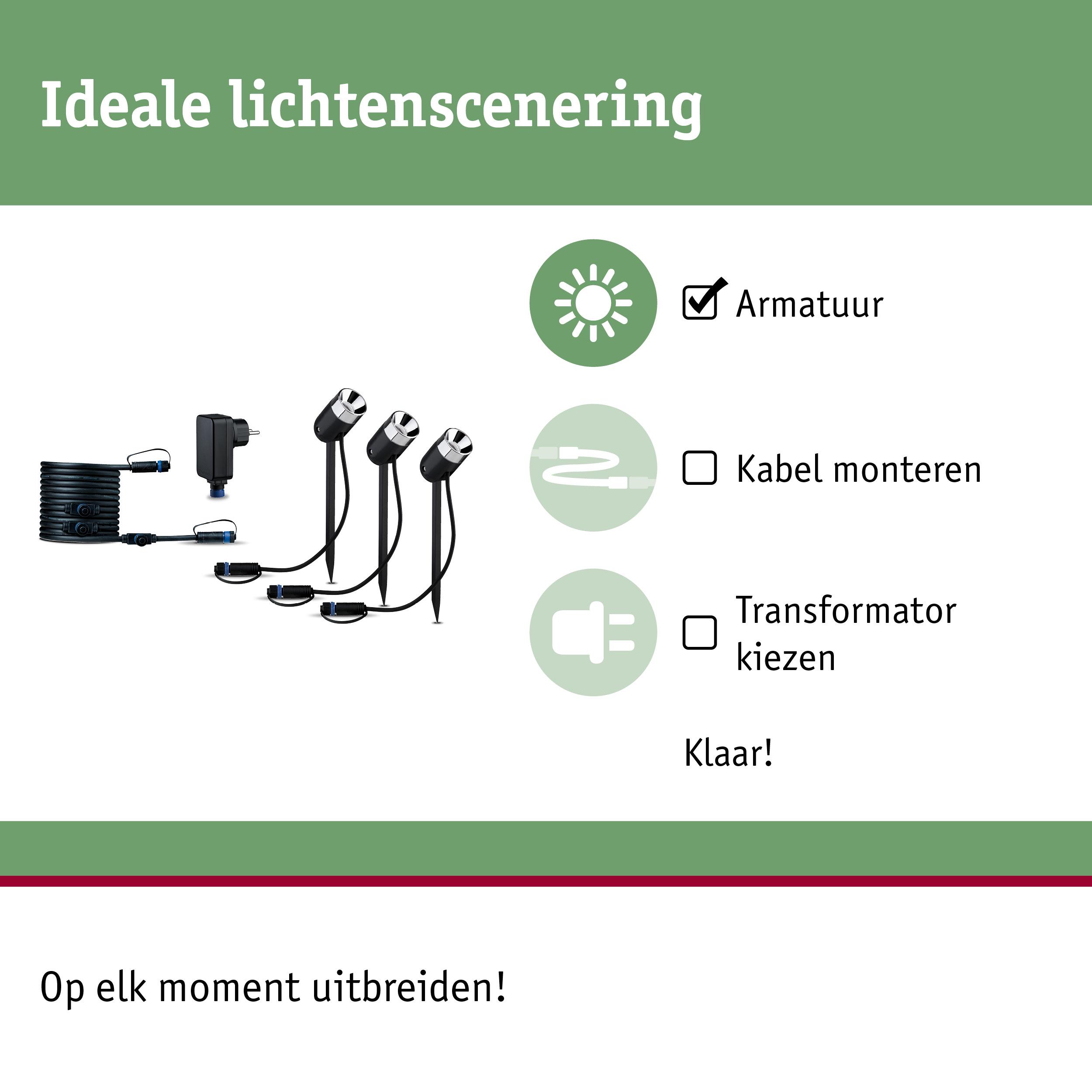 Set van drie zwarte grondspies spots met kabel en adapter voor eenvoudige lichtinstallatie